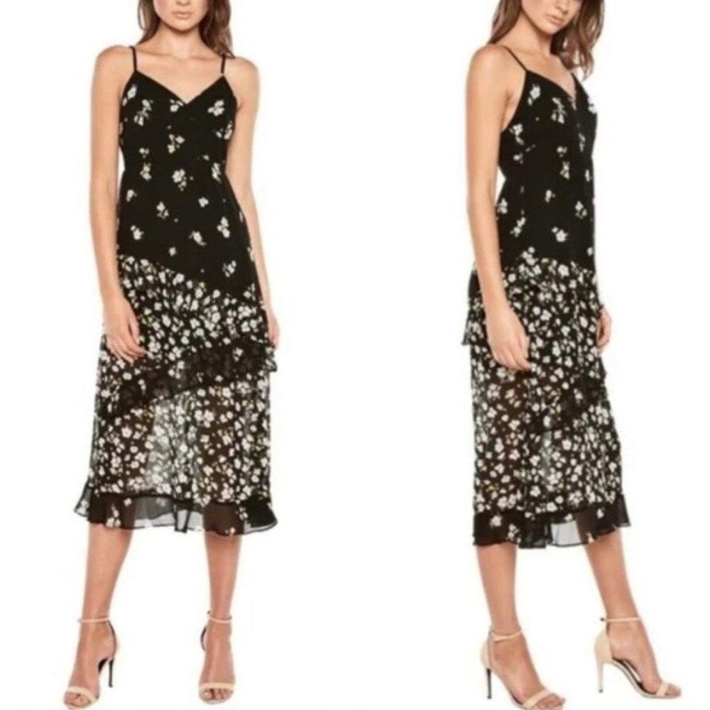 Bardot Black Yellow Ditsy Floral Tiered Ruffle Midi Dress Size 4 Coquette Fairy